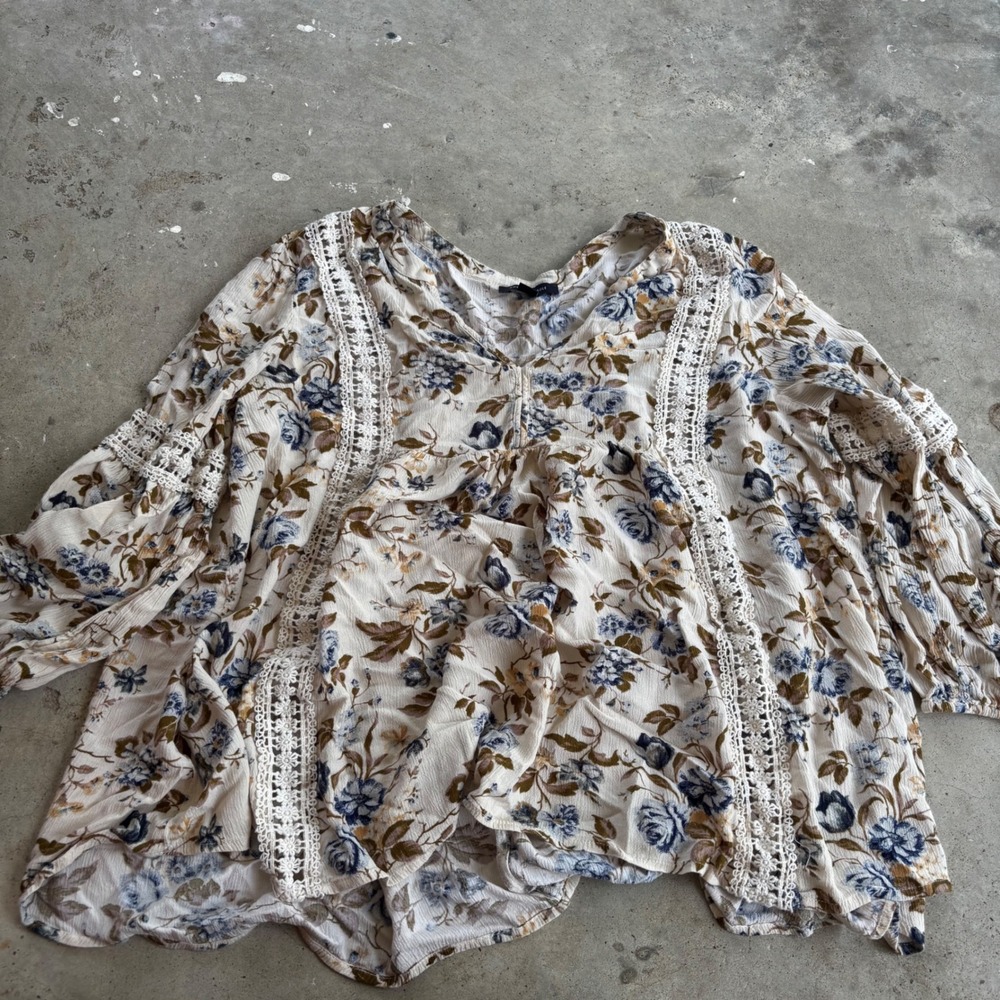 American Eagle Floral Tunic Top Blue Brown‎ Boho Crochet Trim Women's